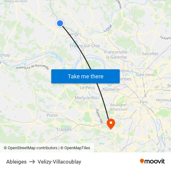 Ableiges to Velizy-Villacoublay map