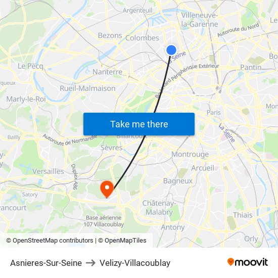 Asnieres-Sur-Seine to Velizy-Villacoublay map