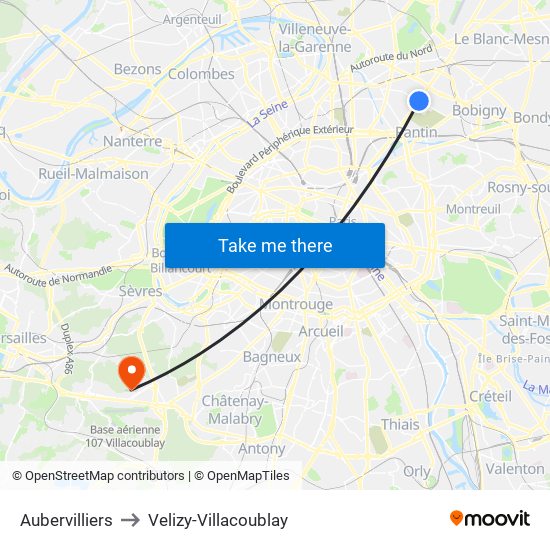 Aubervilliers to Velizy-Villacoublay map