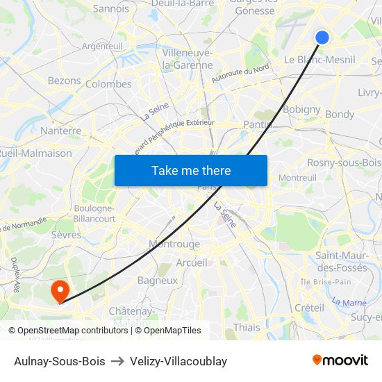 Aulnay-Sous-Bois to Velizy-Villacoublay map