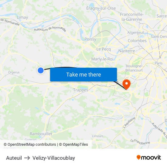 Auteuil to Velizy-Villacoublay map