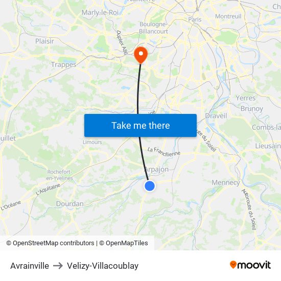 Avrainville to Velizy-Villacoublay map