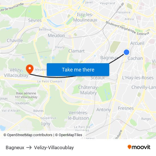 Bagneux to Velizy-Villacoublay map