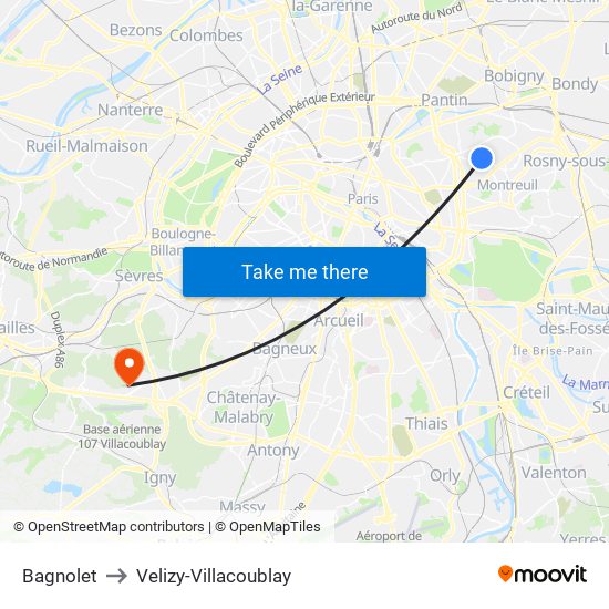 Bagnolet to Velizy-Villacoublay map