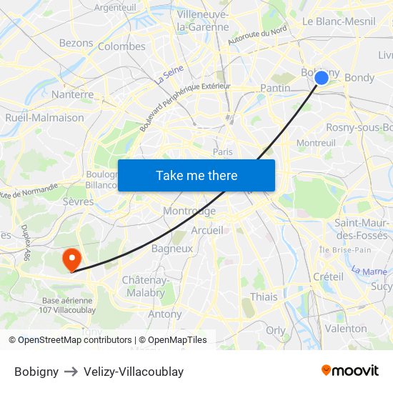 Bobigny to Velizy-Villacoublay map