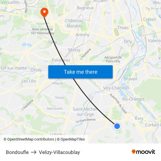 Bondoufle to Velizy-Villacoublay map