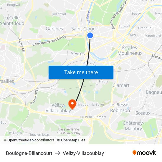 Boulogne-Billancourt to Velizy-Villacoublay map