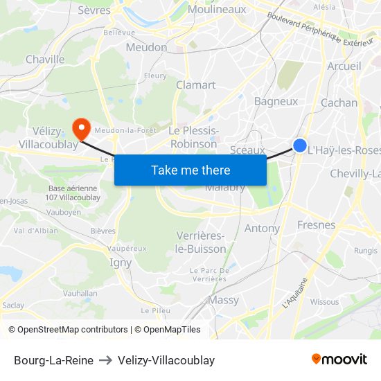Bourg-La-Reine to Velizy-Villacoublay map