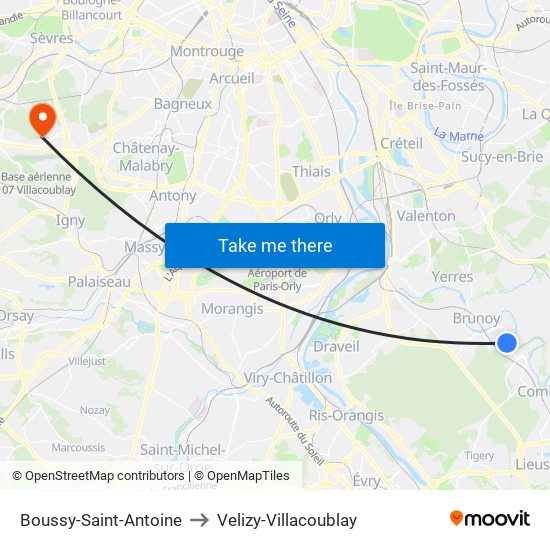 Boussy-Saint-Antoine to Velizy-Villacoublay map