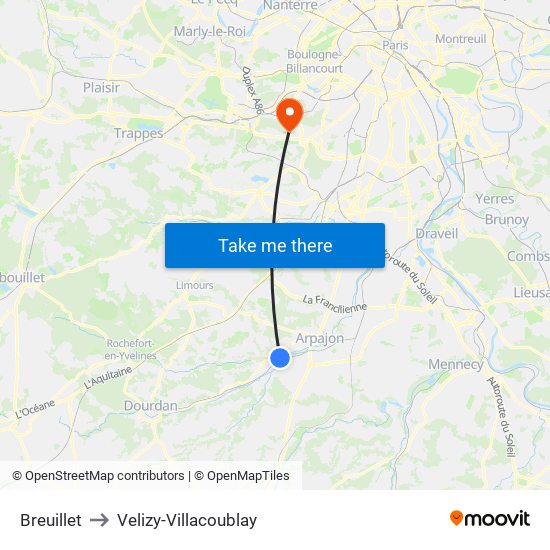 Breuillet to Velizy-Villacoublay map