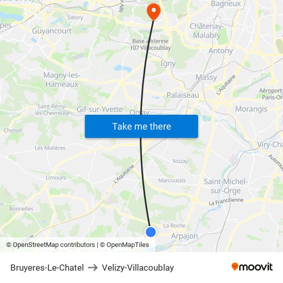 Bruyeres-Le-Chatel to Velizy-Villacoublay map