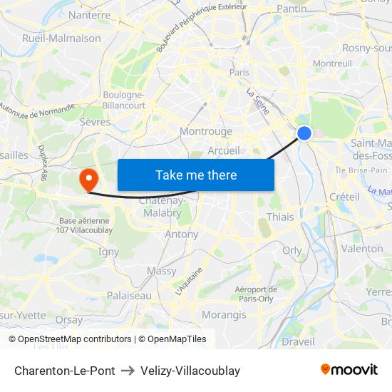 Charenton-Le-Pont to Velizy-Villacoublay map