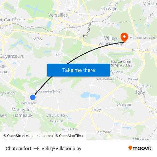 Chateaufort to Velizy-Villacoublay map
