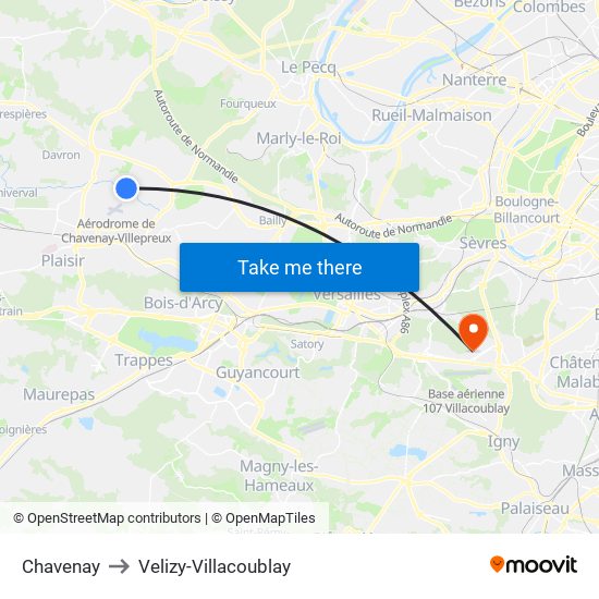 Chavenay to Velizy-Villacoublay map