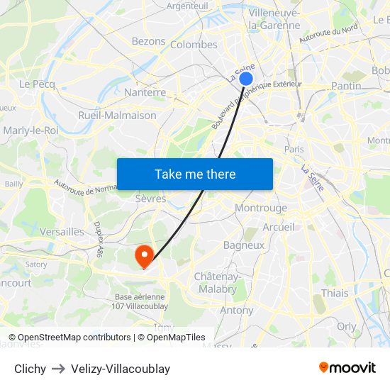 Clichy to Velizy-Villacoublay map