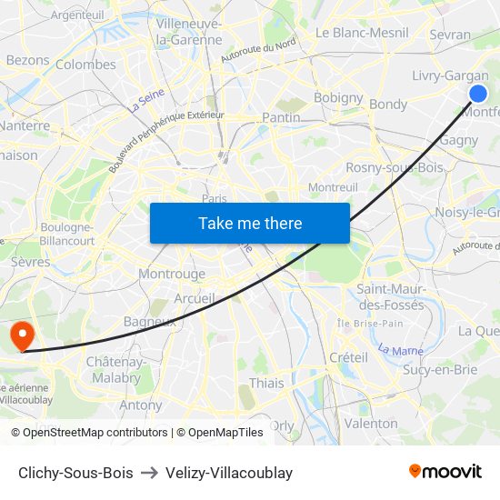 Clichy-Sous-Bois to Velizy-Villacoublay map