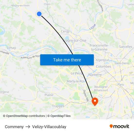 Commeny to Velizy-Villacoublay map