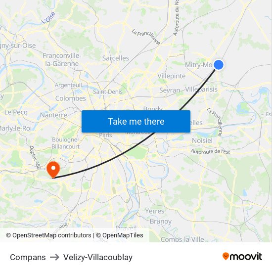 Compans to Velizy-Villacoublay map