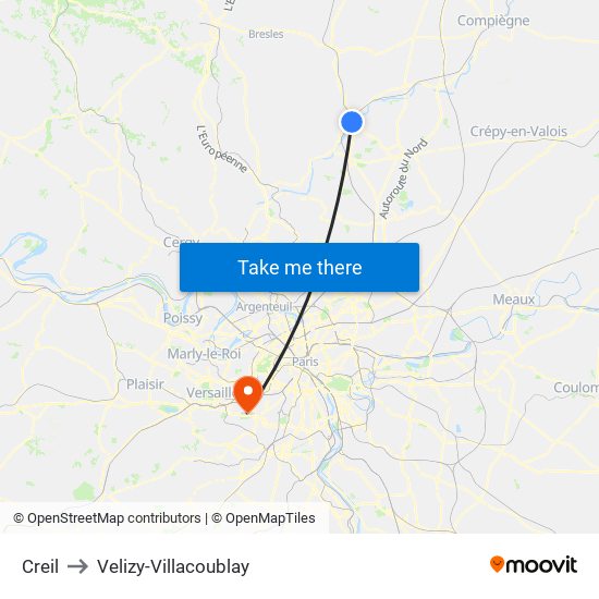 Creil to Velizy-Villacoublay map