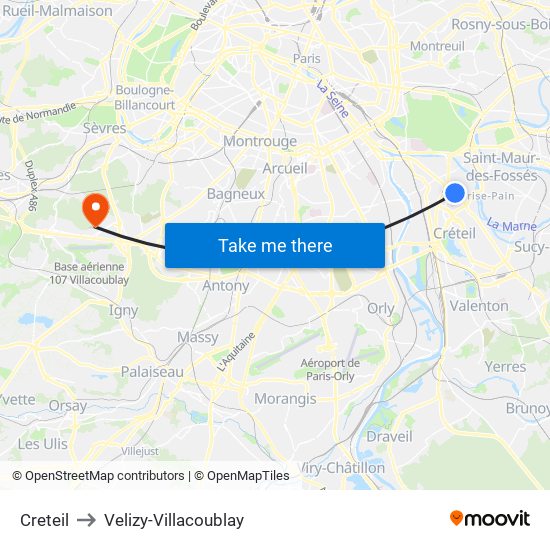 Creteil to Velizy-Villacoublay map