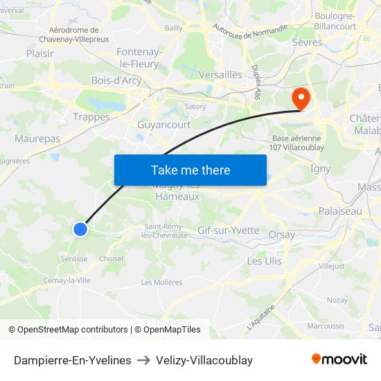 Dampierre-En-Yvelines to Velizy-Villacoublay map