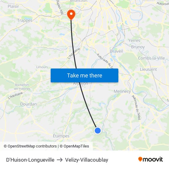 D'Huison-Longueville to Velizy-Villacoublay map