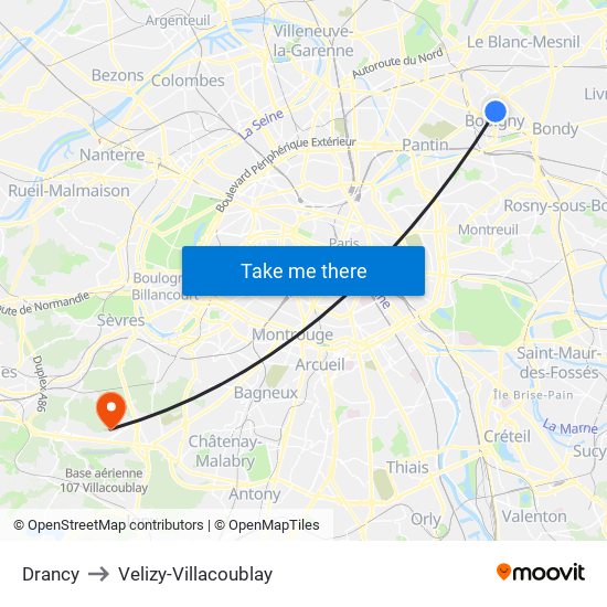 Drancy to Velizy-Villacoublay map