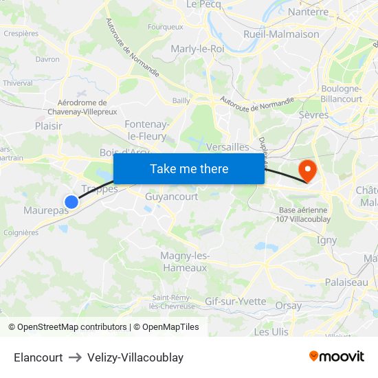 Elancourt to Velizy-Villacoublay map