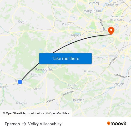 Epernon to Velizy-Villacoublay map