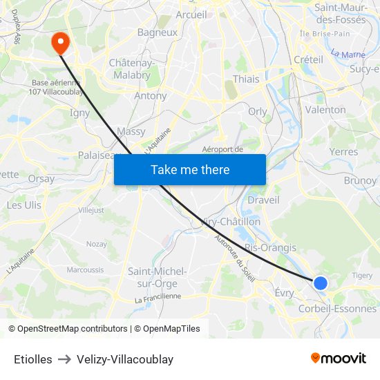 Etiolles to Velizy-Villacoublay map