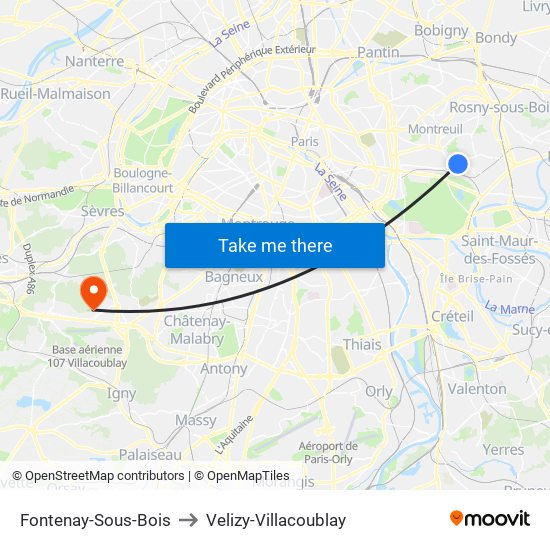 Fontenay-Sous-Bois to Velizy-Villacoublay map