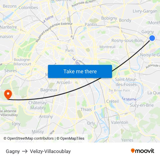 Gagny to Velizy-Villacoublay map