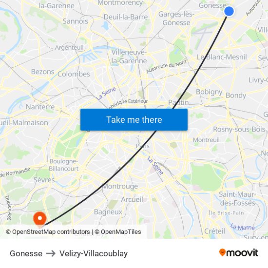 Gonesse to Velizy-Villacoublay map