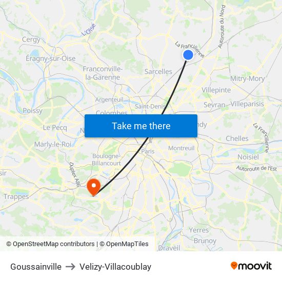 Goussainville to Velizy-Villacoublay map