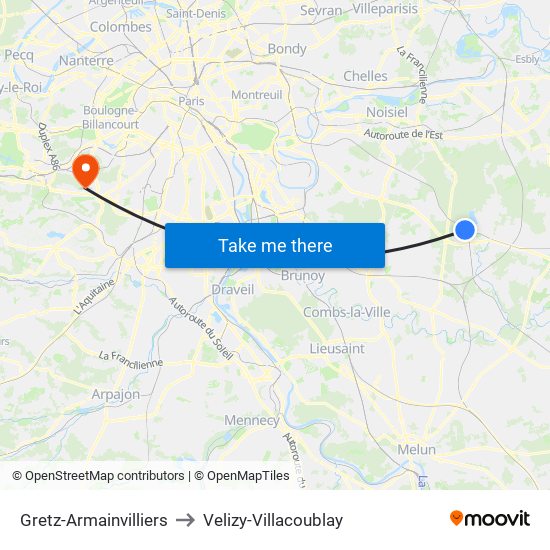 Gretz-Armainvilliers to Velizy-Villacoublay map