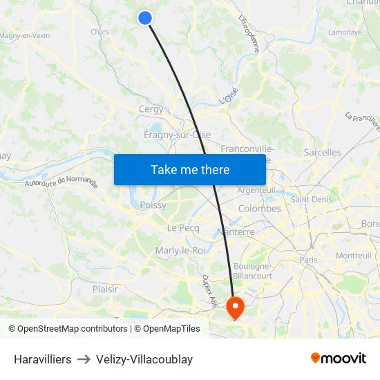 Haravilliers to Velizy-Villacoublay map