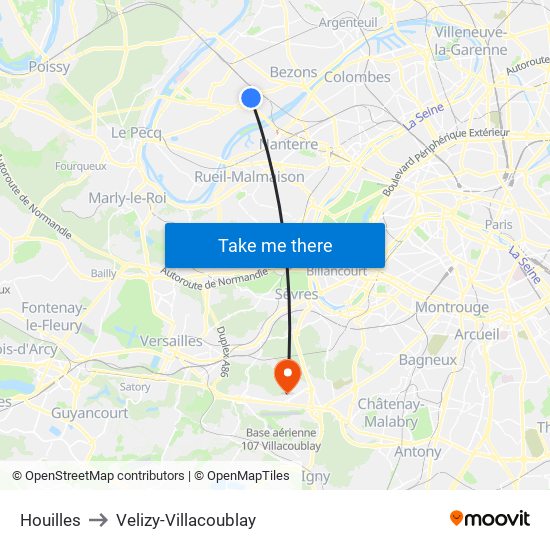 Houilles to Velizy-Villacoublay map