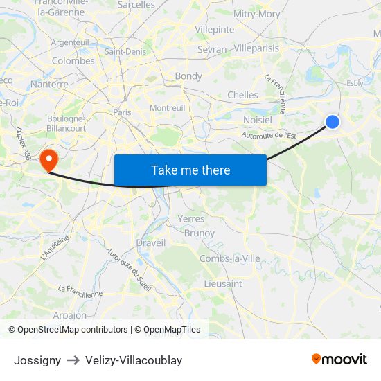 Jossigny to Velizy-Villacoublay map