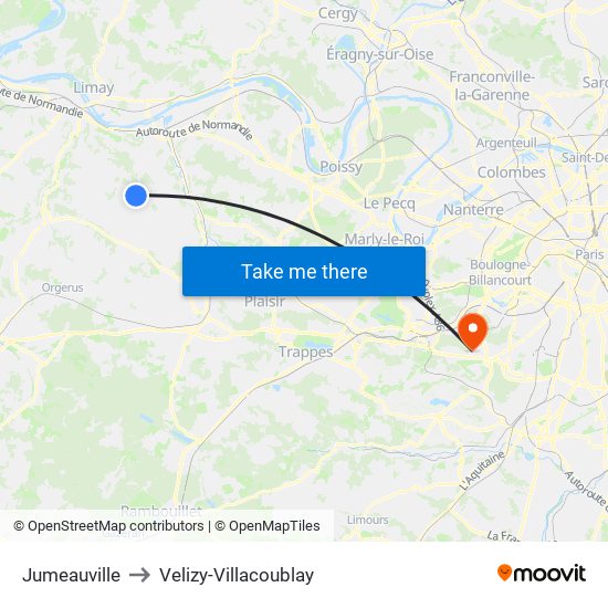 Jumeauville to Velizy-Villacoublay map
