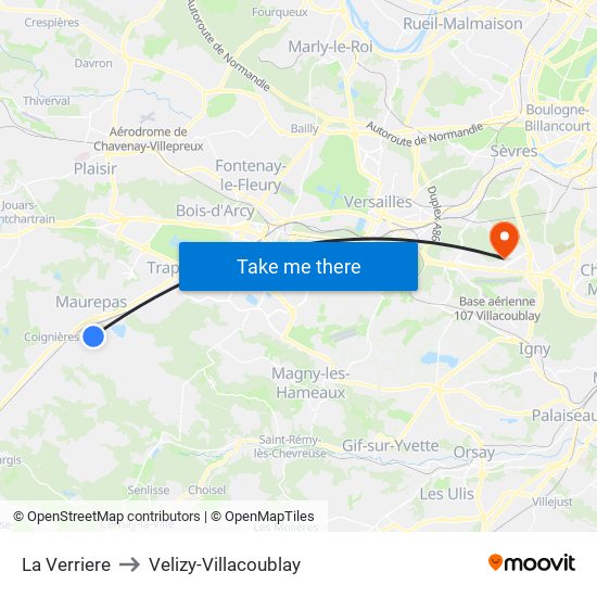 La Verriere to Velizy-Villacoublay map