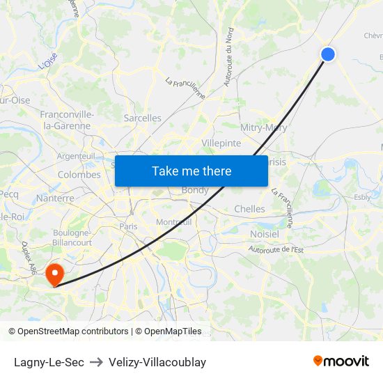 Lagny-Le-Sec to Velizy-Villacoublay map