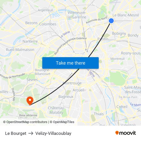 Le Bourget to Velizy-Villacoublay map