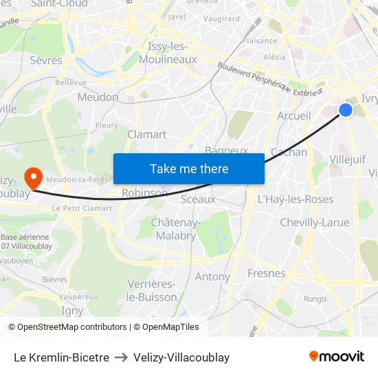 Le Kremlin-Bicetre to Velizy-Villacoublay map