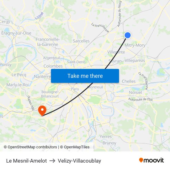 Le Mesnil-Amelot to Velizy-Villacoublay map
