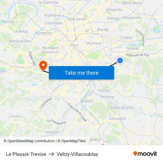 Le Plessis-Trevise to Velizy-Villacoublay map