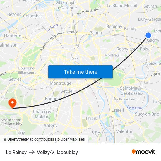 Le Raincy to Velizy-Villacoublay map