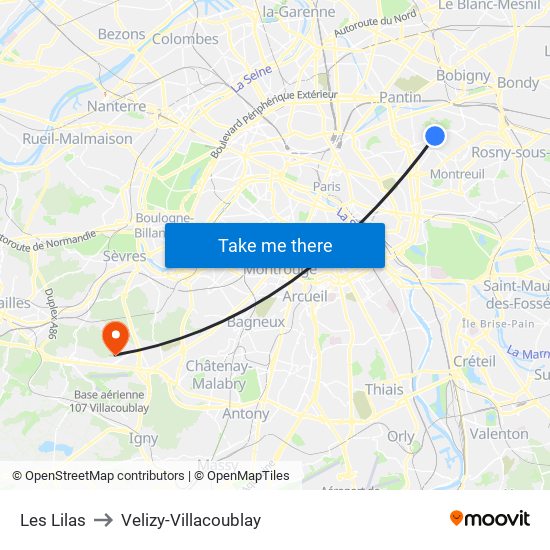 Les Lilas to Velizy-Villacoublay map
