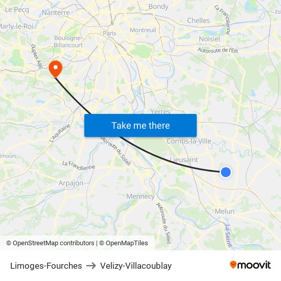 Limoges-Fourches to Velizy-Villacoublay map