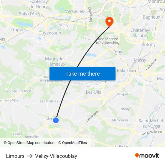 Limours to Velizy-Villacoublay map