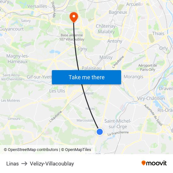 Linas to Velizy-Villacoublay map